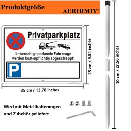 XL Private Parking Sign with Number Plate Aluminium Reflective 25 x 35 cm with 70 cm Metal Bracket and Accessories, UV-Resistant, Waterproof, Rustproof