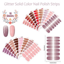 JERCLITY 16 Sheets Glitter Nail Wraps - Short Nail Gradient & Solid Color Polish Strips Self-Adhesive Stickers Full coverage for Women Girls Nail Art