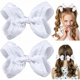 PABOBIT 2PCS Grosgrain Ribbon Hair Bows for Girls, 5 Inch Aligator Bow Clips, No-Slip Bow for Hair, Solid Color Hair Accessories for Girls,Toddlers, Kids and Teens- White