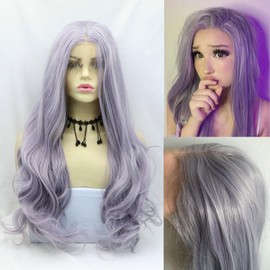 Pastel Lilac Lavender Purple Wig Mixed Color Heat Resistant Long Wavy Curly Hair Natural Hairline Wig Middle Part Hand-made Lace Front Wigs for Women Girls Cosplay Party Synthetic Lace Wigs