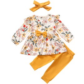 i-Auto Time Newborn Infant Baby Girl Clothes Bow Floral Ruffle Long Sleeve Top+ Pants+Headband Outfits Clothing Set (Yellow, 6-9 Months)