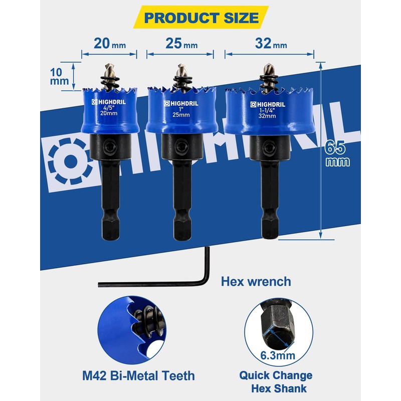 HIGHDRIL 3pcs Hole Saw Set - 20/25/32MM Drill Bits, Quick-Change