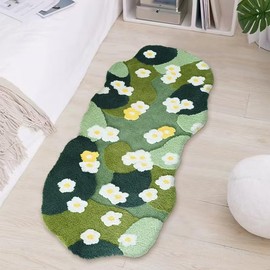 Cute Moss Flower Bath Rugs Green Bathroom Rug Non Slip Ultra Soft Absorbent 3D Moss Carpet Washable Water Moss Carpet Bed for Bathroom Bedroom Kitchen Living (Green, 2ftx4ft)