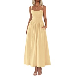 PRETTYGARDEN Women's Smocked Maxi Dresses 2025 Summer Beach Sundress Casual Spaghetti Strap Swing A Line Long Flowy Dress (Beige,Small)