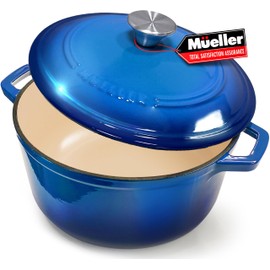 MUELLER HOME 4.5 QT Enameled Cast Iron Dutch Oven, Heavy-Duty Casserole Dish and Braiser Pan with Lid and Stainless Knob, Oven-Safe up to 500° F & Across All Cooktops, Aqua Blue