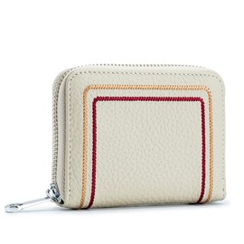 vione Women's Leather Wallet, RFID Protection Wallet with Zip and Multiple Compartments, Small Purse with Embroidery, Off-white, Minimalist