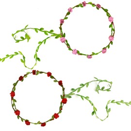 ELECLAND 2Pcs Flower Crown Headband Floral Hair Wreath Garland Leaf Ribbon Flower Headbands for Women Girls Wedding Festival Party Floral Crown Hair Headbands Accessories