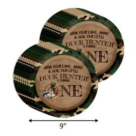 Duck Hunter 1st Birthday Party Supplies - 64 Piece Boys Hunting First Birthday Tableware Set Includes Large 9" Dinner Plates and 7" Dessert Paper Plates Napkins Cups - Kit for 16