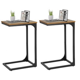 FDW C-Shaped End Table Wooden Top Side Table Adjustable Feet Small Cough Table Bedside End Table with Metal Frame for Bedroom Living Room,Set of 2,Brown