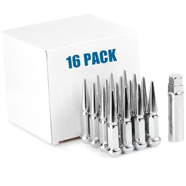 JiiinMiiin M10x1.25 Long Steel Spike Lug Nuts, Thread Pitch 10x1.25, Set of 16 ATV Wheel Nuts with A Socket. [Chrome]