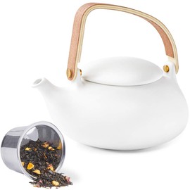 ZENS Teapot with Infuser,Matte Ceramic Japanese Tea Pot for Loose Leaf Tea, 27 Ounces Porcelain Teapots White for Women Gift with Modern Bentwood Handle, 800ml