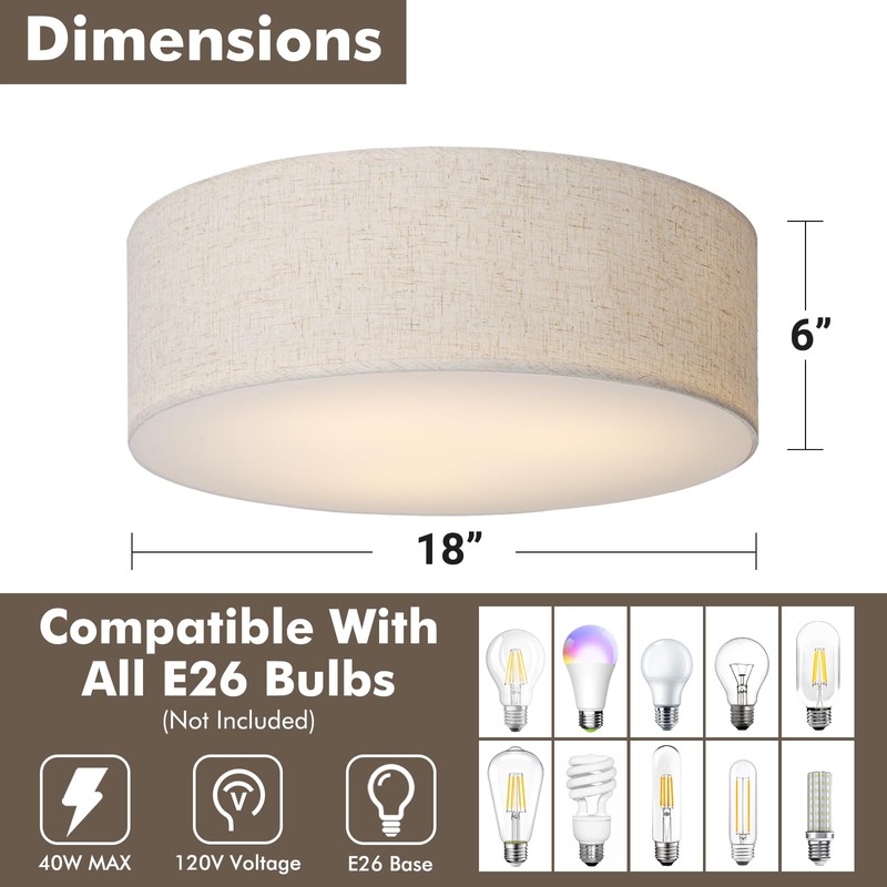 CALOKES 18-Inch Large Flush Mount Ceiling Light Fixture with Fabric