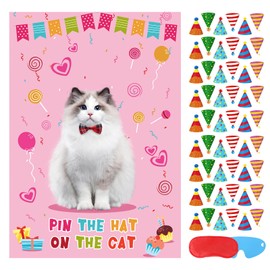 Hooqict Pin The Hat On The Cat Party Game Cat Birthday Party Games for Kids, Cat Birthday Party Supplies Decorations for Girls Boys, Large Pin The Tail Poster with 54 Hat Stickers