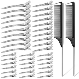MORGLES 70 Pinzas de Metal para El Pelo con Pico de Pato, 3 Tamaños con 2 Peines de Cola de Rata para Estilistas, Pinzas de Cocodrilo para Lazos, Maquillaje, Secciones