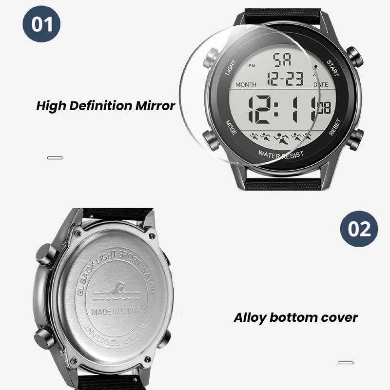 Men Digital Sports Watch Waterproof Alarm Countdown Dual Time Zone