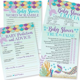 50 juegos de sirena para niñas - 4 juegos de doble cara, tarjetas de predicción y consejo de bebé, trivia para bebé, verdadero o falso juego de baby shower, palabra de bebé Scramble Baby Shower juego para jugar