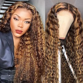 FIRIEYA 4/27 Highlight Lace Front Wigs Human Hair Pre Plucked 180 Density 4X4 Ombre Honey Blonde Deep Wave Lace Closure Wigs for Women 26 Inch