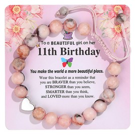 YUCSAWJK 6th/7th/8th/9th/10th/11th/12th/13th Girls Birthday Bracelet, Pink Zebra Natural Stone Heart Pendant Bracelet Birthday Bracelet Gift for Girls Granddaughter (5, 11th)