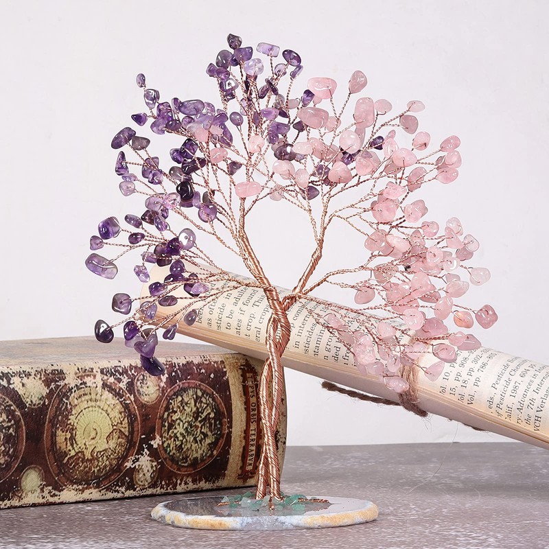 Amogeeli Handmade Copper Wire Crystal Tree with Agate Base, Fengshui