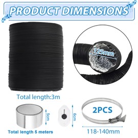 ComPDCVD Black Exhaust Hose 125 mm Length 3 m PVC Flexible Aluminium Pipe Hose Aluminium Flexible Hose with 2 Hose Clips Stainless Steel for Air Conditioning Mobile Air Conditioning Tumble Dryer
