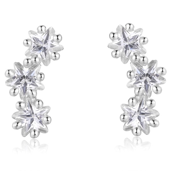 Three CZ Star Curved Stud Earrings | Rhodium Plated Sterling