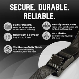 4-Pack Cam Buckle Lashing Straps – 1” x 4’ Heavy-Duty Tie-Down Straps | 100% Polyester, Weatherproof & UV Stable | Secure Cargo, Camping, Moving, Outdoor Use | 550 lbs Break Strength