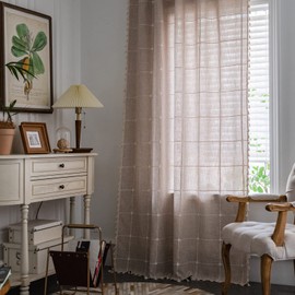 ColorBird Farmhouse Semi-Blackout Window Curtains 2 Panels Embroidery Lattice Cotton Linen Darkening Curtains with Tassel Rod Pocket Window Drapes for Dining Living Bedroom (52" W x 84" L, Linen)