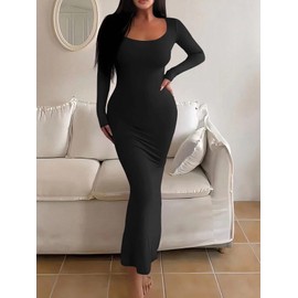 HBQ Women's Bodycon Maxi Dress Long Sleeve Square Neck Lounge Dresses Sexy Night Out Party Dress-Black-XXL