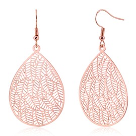 Rose Gold Plated Teardrop Drop Dangle Earrings Rose Gold Leaf Earrings for Women Trendy Filigree Hanging Earrings for Gift