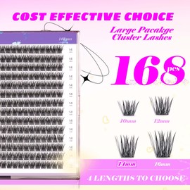 GAQQI Lash Clusters, GQ19 Individual Lashes 168pcs D Curl, DIY Lash Extension 14mm Length Only False Eyelash Clusters, Natural & Wispy Lash Wisps (GQ19,D Curl,14mm)