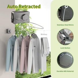 Retractable Clothesline Outdoor Indoor Clothesline,Gun Color Heavy Duty Retractable Clothesline,Wall Mounted Drying Rack Clothing Line,16.7ft Clothes Line Ropes,Easy to Install（Single Line）