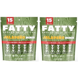 (Pack of 2) Fatty Smoked Meat Sticks(Made with Grass Fed Beef and Pork Raised Without Antobiotics), Jalapeño Minis Flavor, 15 x 1 Ounce Sticks