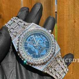 Iced Out White Gold Plated Luxury Statement 44MM Skeleton Dial Men's Bling Watch with Elegant Design and Unique Style - Color: White Gold / Black Dial