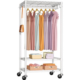 FUTASSI P6 Medium Rolling Clothes Rack Heavy Duty, Clothing Racks for Hanging Clothes, Freestanding Garment Rack with Wheels, Portable Closet Rack Max Load 370 LBS, 30''W x 14''D x 77.6''H, White