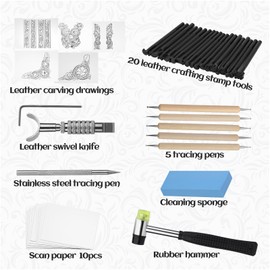 Leather Stamping Tools, Saddle Making Stamp Punch Set with Leather Scriber Pen, Leather Working Hammer and Tracing Paper, for Leather Carving Working