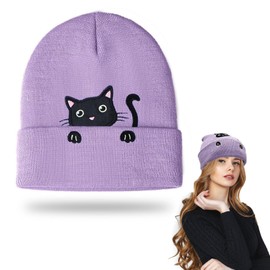 TUONYIS Purple Women's Cat Beanie, Cute Cat, Cat Ear Beanie Hat, Cat Gifts for Cat Lovers, Cat Beanie Knitted Hats for Girls, Women, Valentine's Day Gifts (Purple), purple