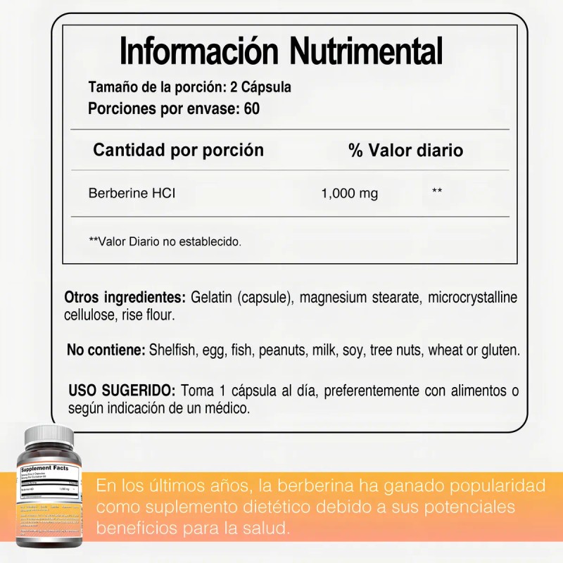 Suplemento Berberina 1000mg Amazing Nutrition 120 Cápsulas Control Azúcar