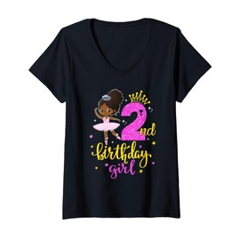 Womens 2nd Birthday Girl Outfit Ballet Dancer African American Kid V-Neck T-Shirt