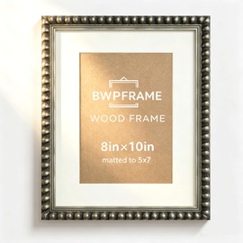 BWPFRAME 8x10 Picture Frame Matted to 5x7, Vintage Style, Real Wood, Black Frame with Edge Beaded Design, Plexiglass and Backer Included, Wall Display Frame for Photos and Prints