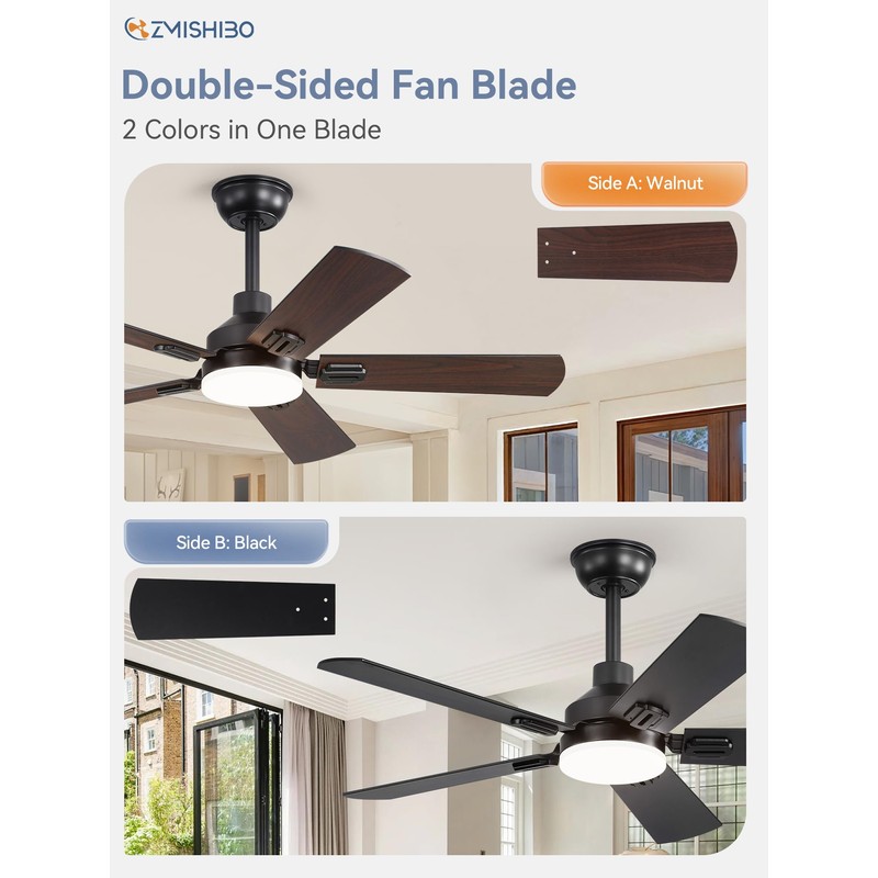 ZMISHIBO 44" Ceiling Fans with Lights, Black Modern Ceiling Fan