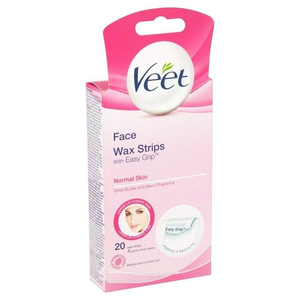 Veet EasyGrip Ready to Use 20 Wax Strips and 4 Perfect Finish Wipes for Face