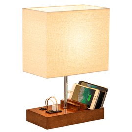 Briever USB Bedside Table Lamp, Desk Lamp with 3 USB Charging Ports and Phone Charge Dock, Walnut Wood Charging Station and Organizer, Perfect Light for Bedroom, Guest Room, Living Room, Office