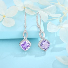 FJ Square Princess Cut Hanging Earrings Women's 925 Sterling Silver Infinity Earrings Birthstone Jewellery Gifts for Women, Sterling Silver Cubic Zirconia, Alexandrite