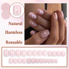 Ceboic Nude Pink Press on Nails Short Square, French False Nails with White Heart Design, Acrylic Full Cover Fake Nails, Glossy Solid Color Gel Stick on Nail for Women Daily Party Wedding Wear