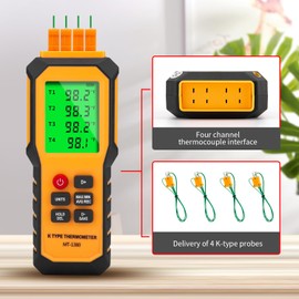 YZTMETER 4-Channel K-Type Temperature Thermometer with LCD Backlight Measurement Range- 328℉-2501℉,YMZMeter Data Logger Comes 4 PCS Thermocouple Probe Sensor -104℉-752 ℉ 9V Battery Included.