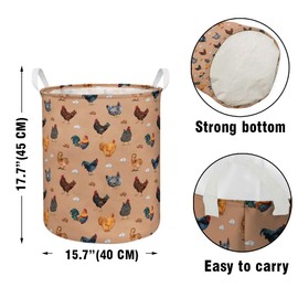 WIRESTER Canvas Fabric Collapsible Laundry Hamper, Large Storage Basket Toy Organizer Dirty Clothes for Home Bedroom Bathroom Nursery - Barnyard Chicken Roosters on Brown