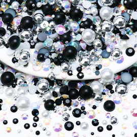 Towenm 60g Flatback Pearls and Rhinestones for Crafts, Jelly Rhinestones and Half Pearls for Tumblers Shoes, Face Nail Art, 2mm-10mm Mix Pearl Rhinestones for Bedazzling, Black|Silver|White