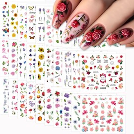 Flowers Nails Stickers Spring Nails Sticker 5D Embossed Self Adhesive Sticker Colorful Petals Designs Nail Decals Butterfly Nail Art Decals Summer Decals for Nail DIY Manicure 30Sheets