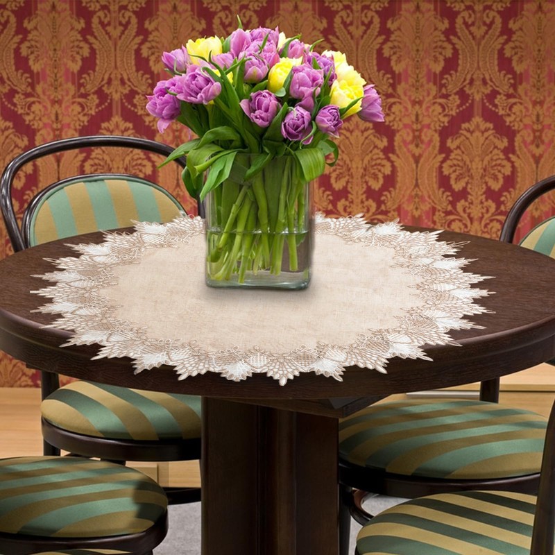 URROMA Round Doilies Linen 60x60cm Beige Tablecloth Lace Trim Coffee