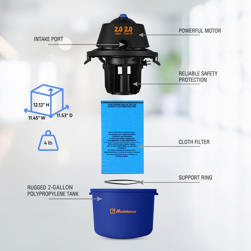 Koblenz WD-2L Portable Wet Dry Vacuum, 2-Gallon 2 PHP Suction